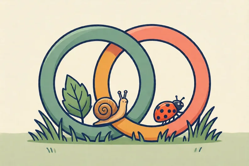 Two overlapping hoops on a lawn with a leaf, a snail and a ladybird inside them