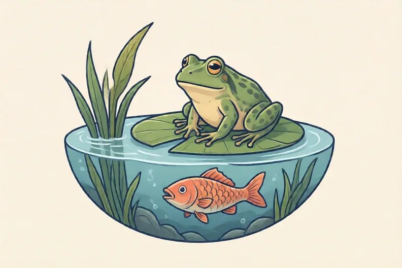 A pond with a frog on a lily pad and a fish swimming under the water