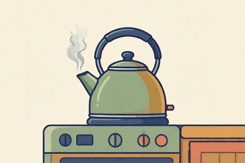 A kettle on a kitchen counter with steam from its spout