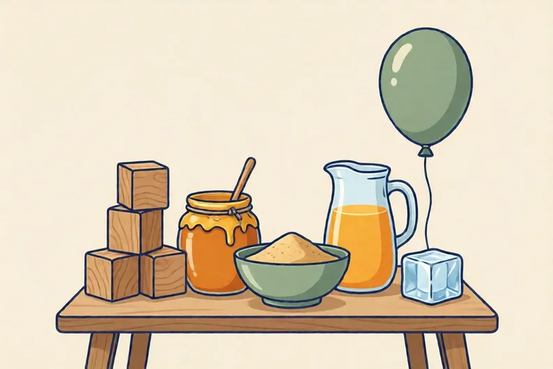 A wooden block, a jar of honey, a bowl of sand, a jug of orange juice, a balloon and an ice cube on a table