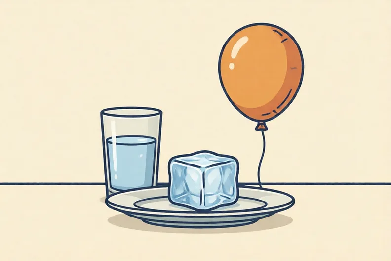 An ice cube, a glass of water and an inflated balloon on a table