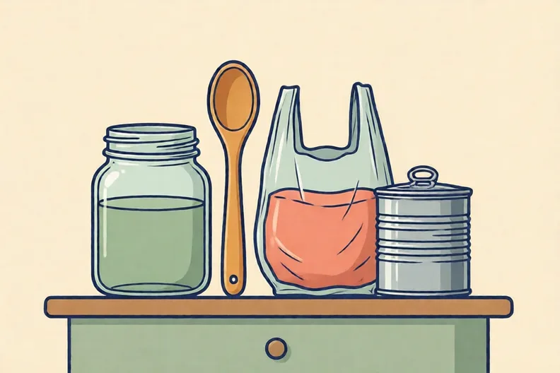 A tidy kitchen worktop with a jar, a wooden spoon, a food bag and a tin