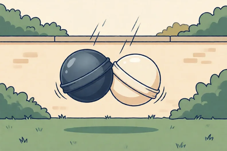 Two same-size balls, one metal and one plastic, falling side by side beside a garden wall