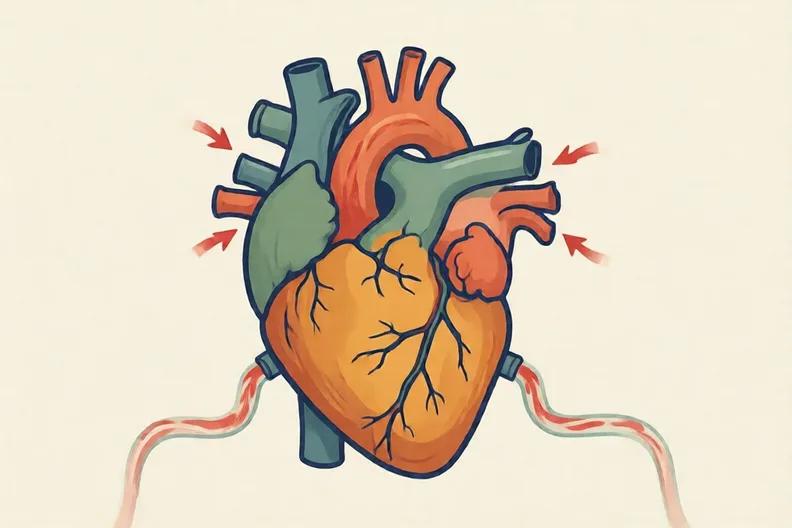 A real pear-shaped heart with arrows showing blood going in and out through tubes