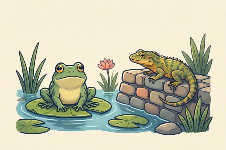 A frog on a lily pad and a lizard on a sunny stone wall