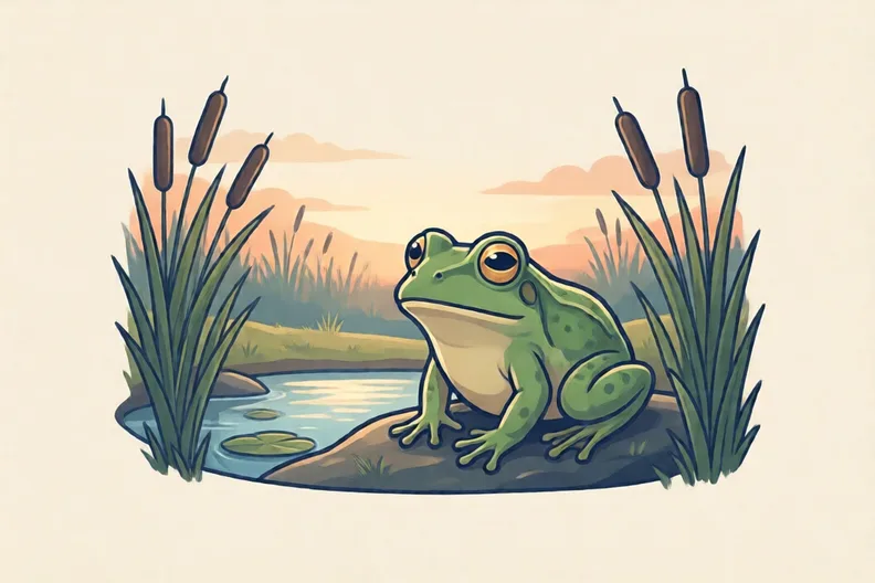 A frog sitting by a pond at dusk with reeds around it