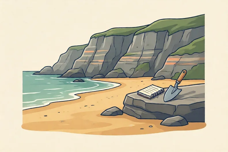 A sandy beach with a grey cliff behind it and a notebook on a rock ledge