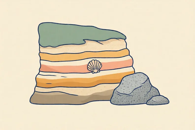 A coastal cliff with stripes of pale sand-coloured layers and a small shell pressed into one layer