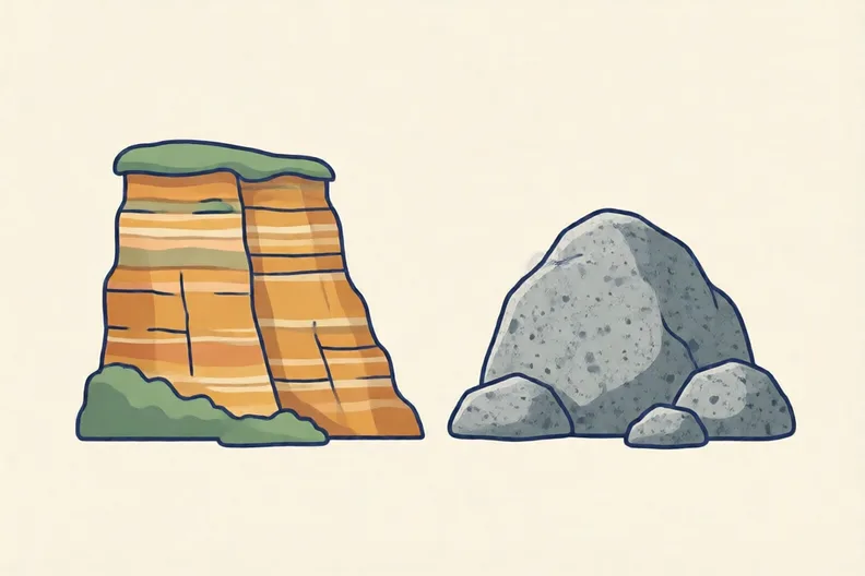 A sandstone cliff with horizontal layers beside a granite hill with speckled rock