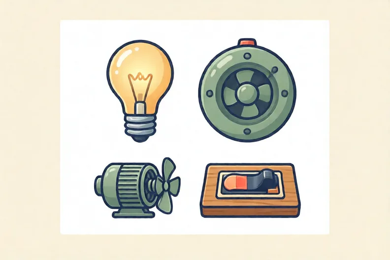 A light bulb, a buzzer, a small motor and a slide switch on a plain background.