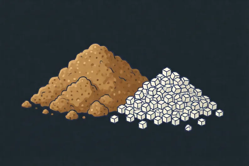 Two salt heaps on a dark background: one brown and lumpy, one fine and white.