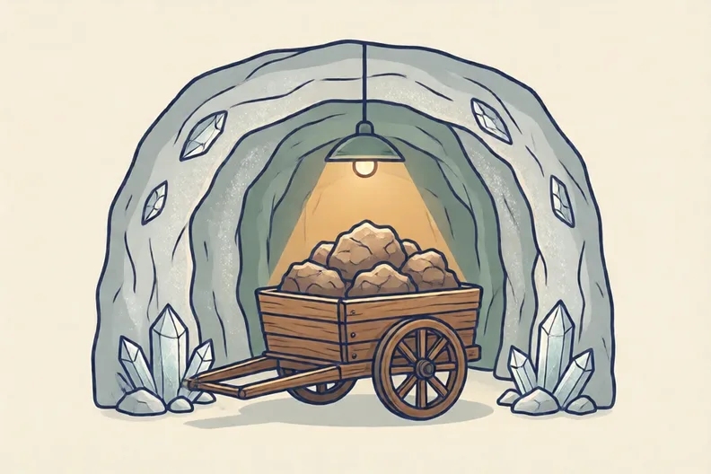 A dim underground salt mine with pale grey walls and a cart of rough salt lumps