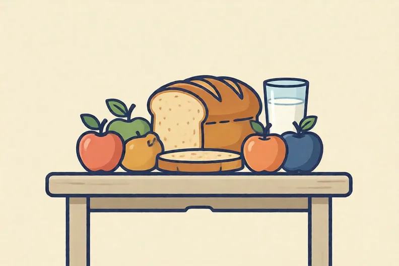 Bread, apples and a glass of milk on a kitchen table