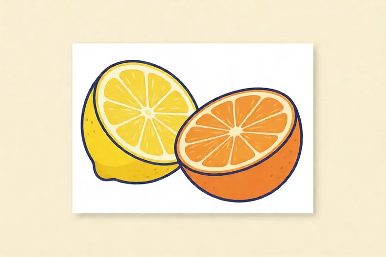 A halved yellow lemon and a halved orange on a plain white background.