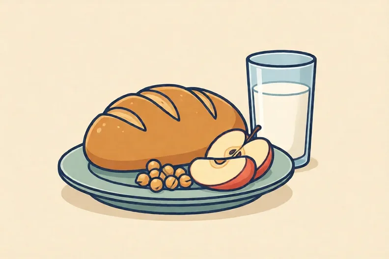 A plate with bread, chickpeas, apple slices and a glass of milk